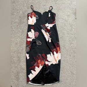 City Chic Black Asymmetrical Dress with Red and White Floral Design